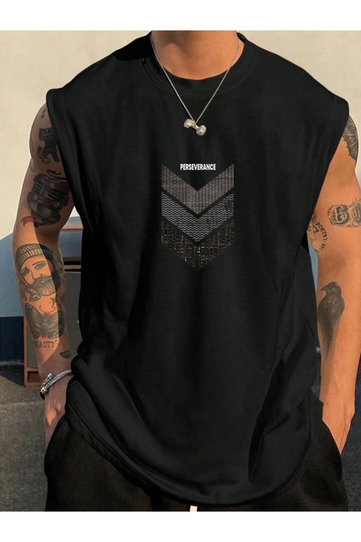 Perseverance Baskılı Kolsuz tshirt  Erkek Sıfır Kol Giyim Spor Giyim Oversize T-SHİRT