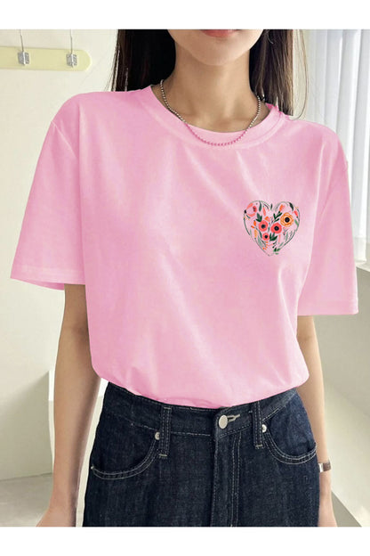 KALP ve Lale Baskılı Oversize Geniş Kalıp Pamuklu T-shirt Unisex