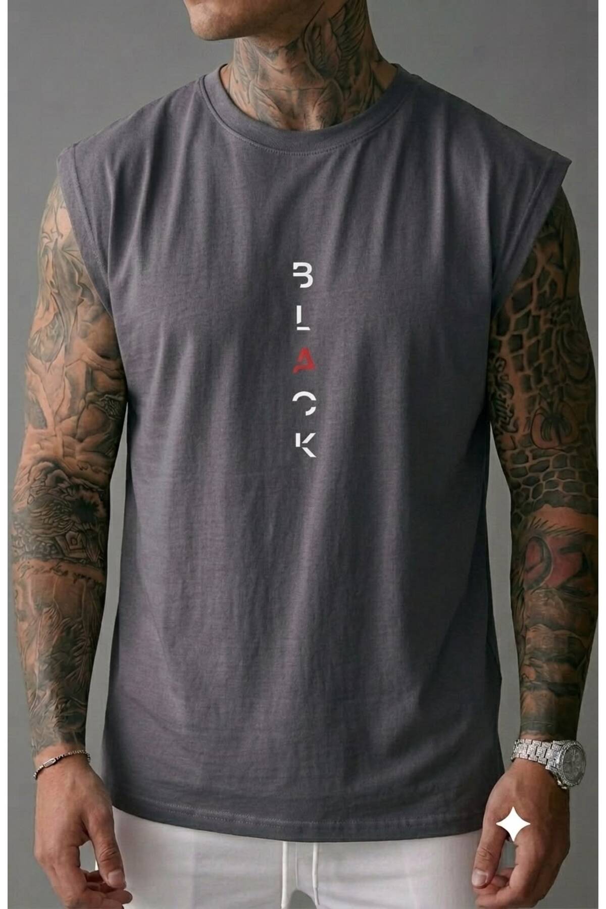 BLACK Baskılı Erkek (Sıfır Kol) Kolsuz Sporcu Atlet T-shirt