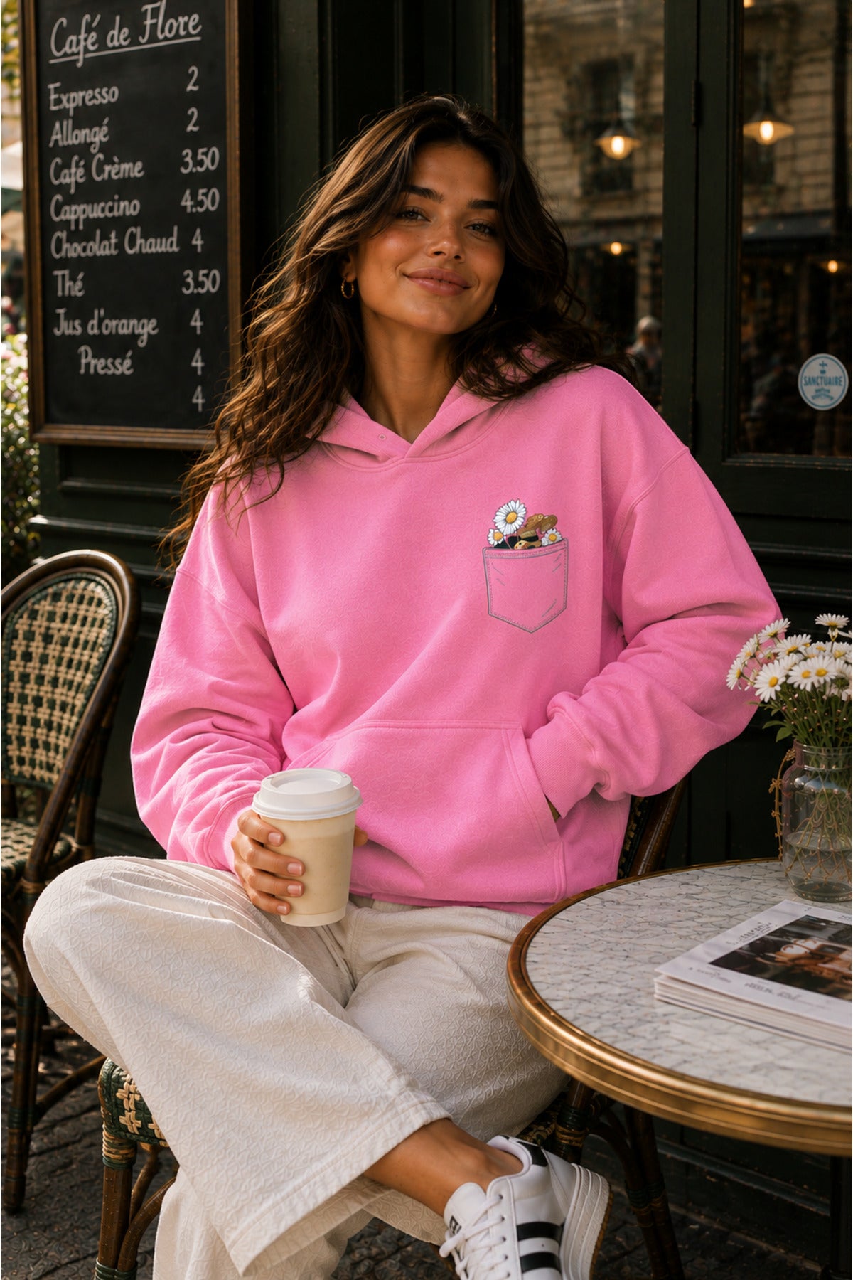 Kadın Cep Çiçek Baskılı KAPÜŞONLU Oversize Sweatshirt (3 İPLİK)