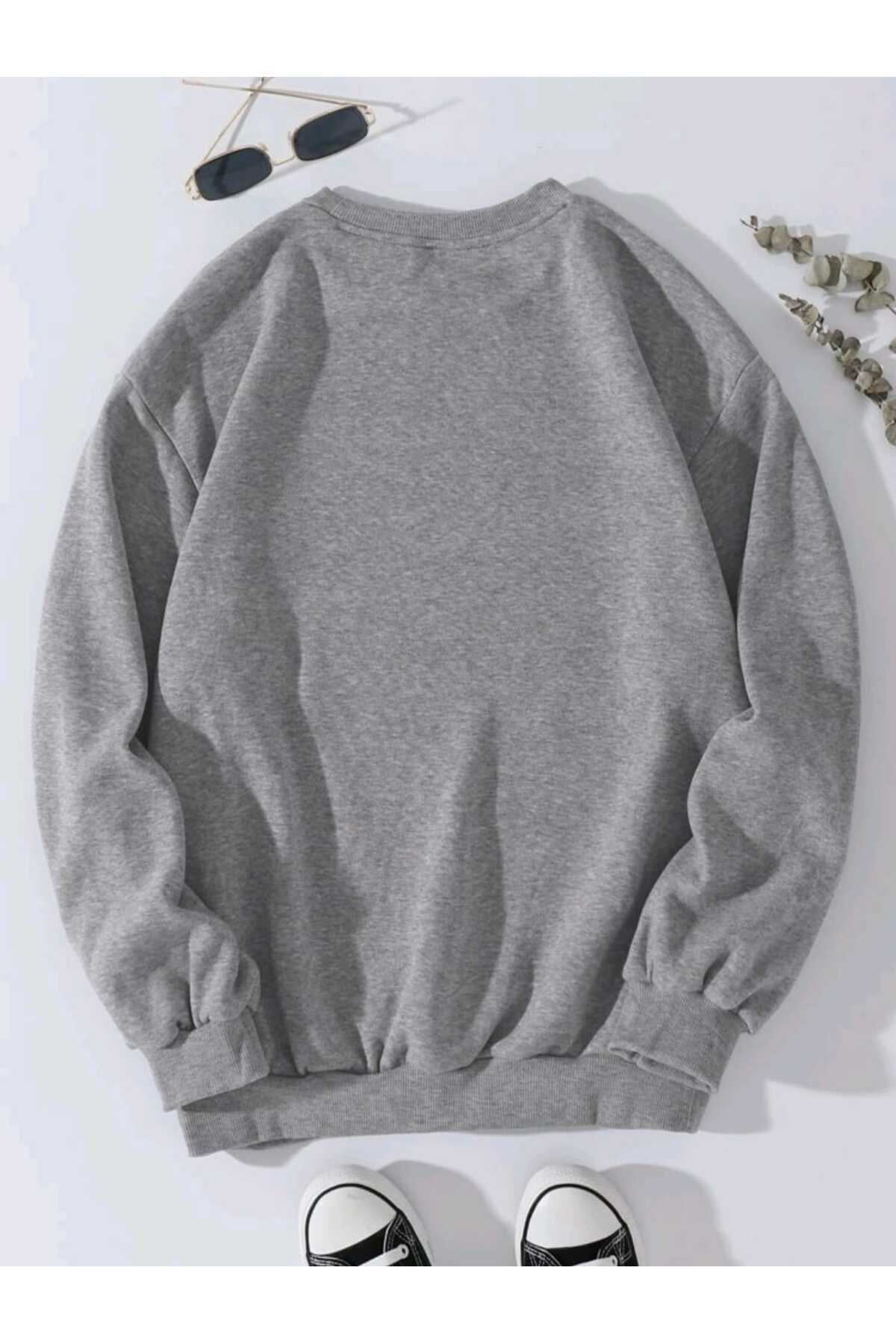Düz Baskısız Giy Çık Oversize Kalıp Bisiklet Yaka Sweatshirt