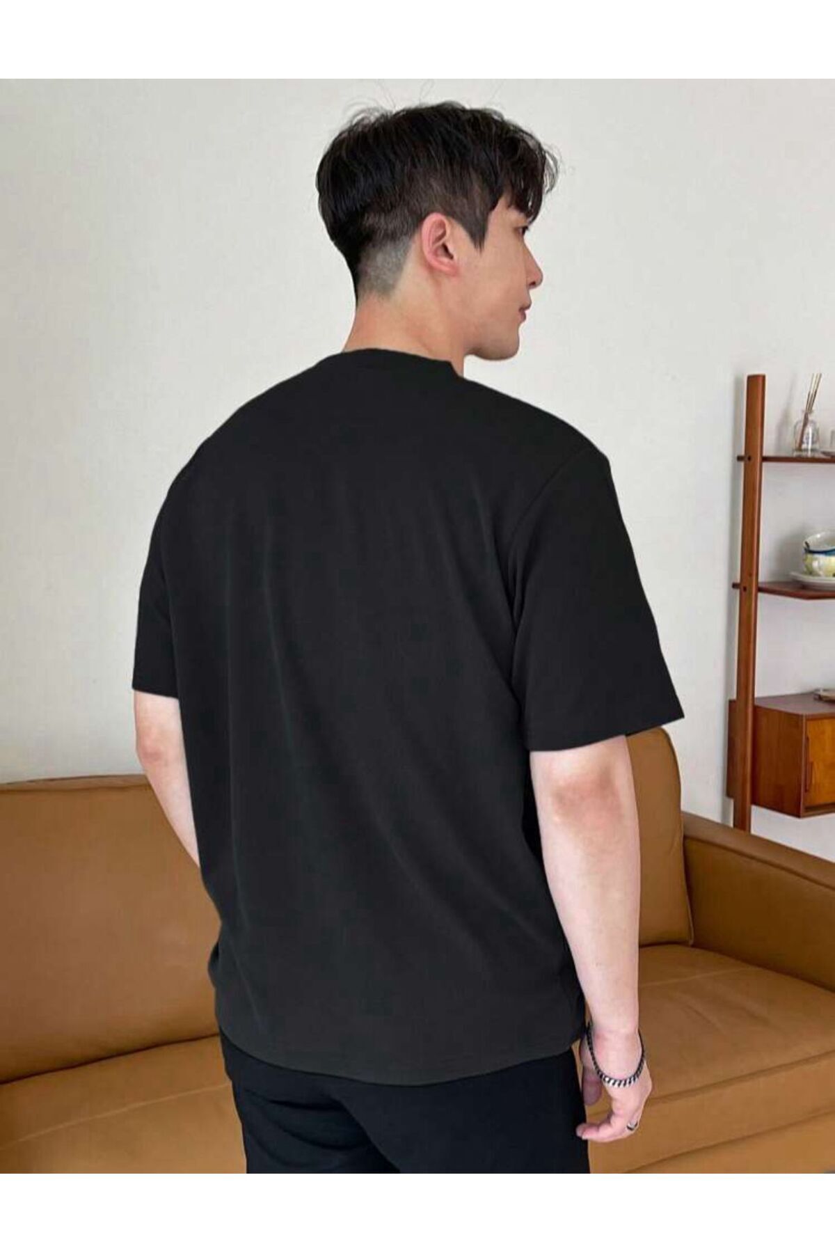 Unisex Pamuk Siyah Bisiklet Yaka Oversize Boyfriend T-shirt