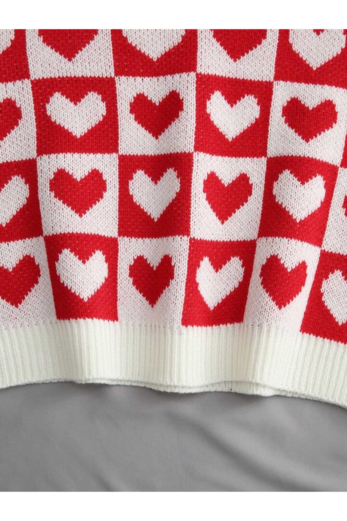 V-NECK COTTON SWEATER WITH HEARTS Süveter KALPLİ