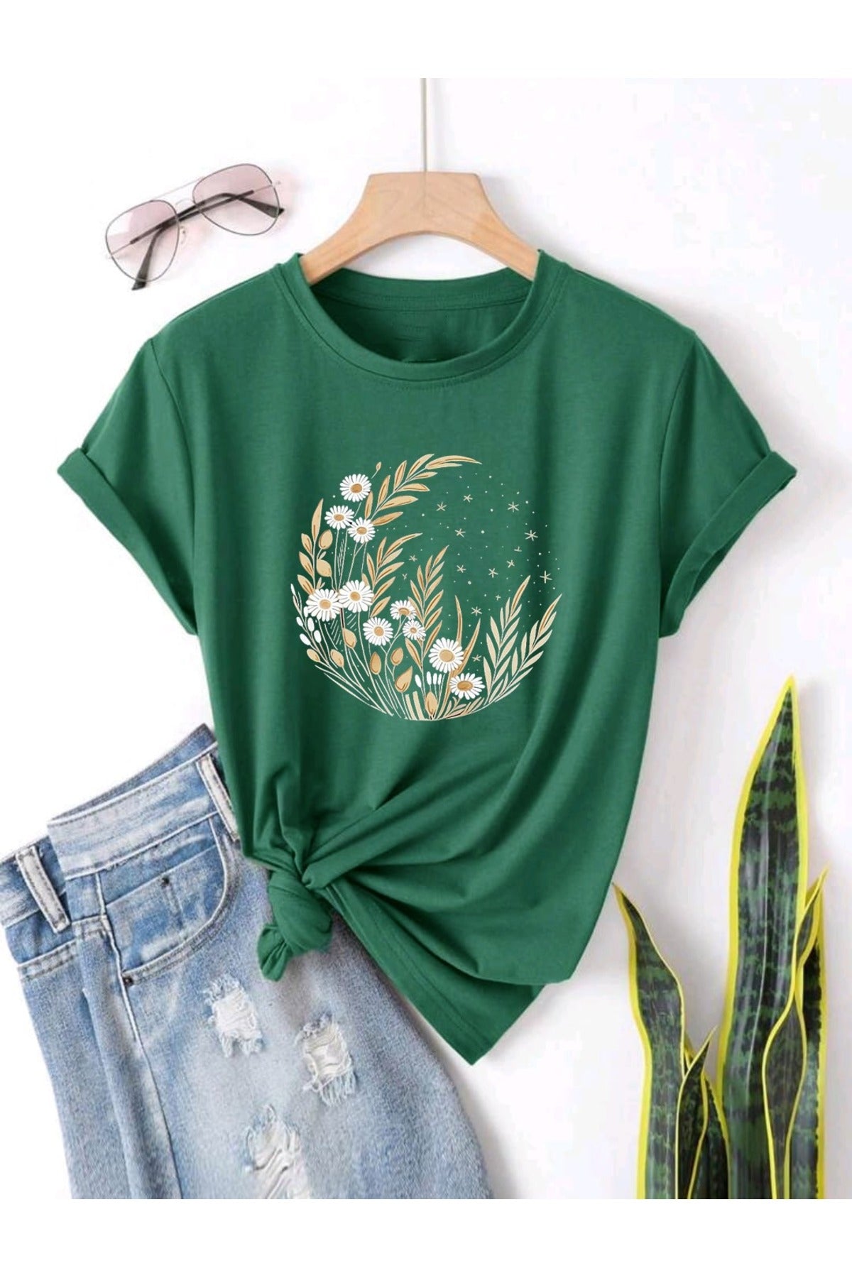 Ay Yıldız Papatya Baskılı UNISEX YAZLIK Pamuklu Kısa Kol Tshirt