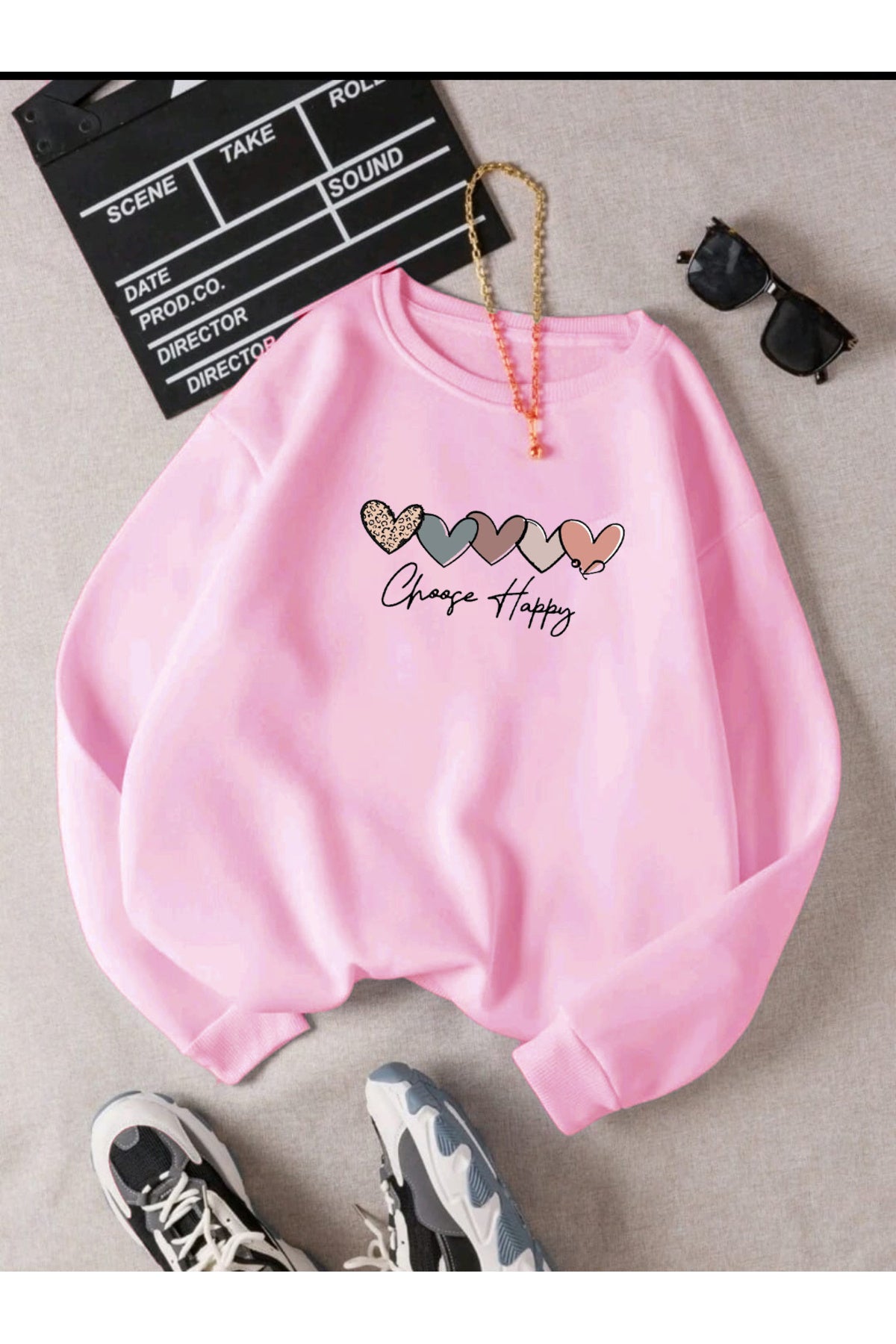 CHOOSE HAPPY KALPLER Baskılı Oversize Bisiklet Yaka Sweatshirt
