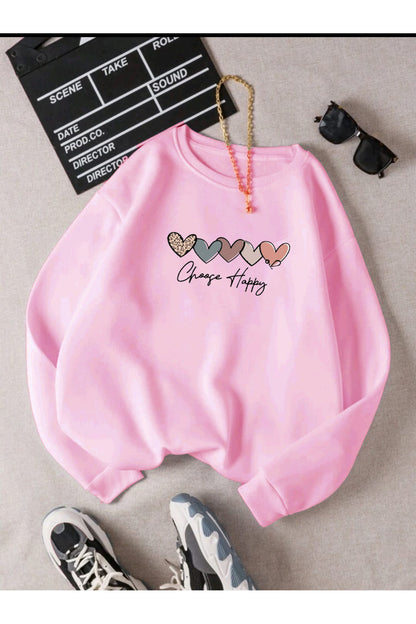CHOOSE HAPPY KALPLER Baskılı Oversize Bisiklet Yaka Sweatshirt
