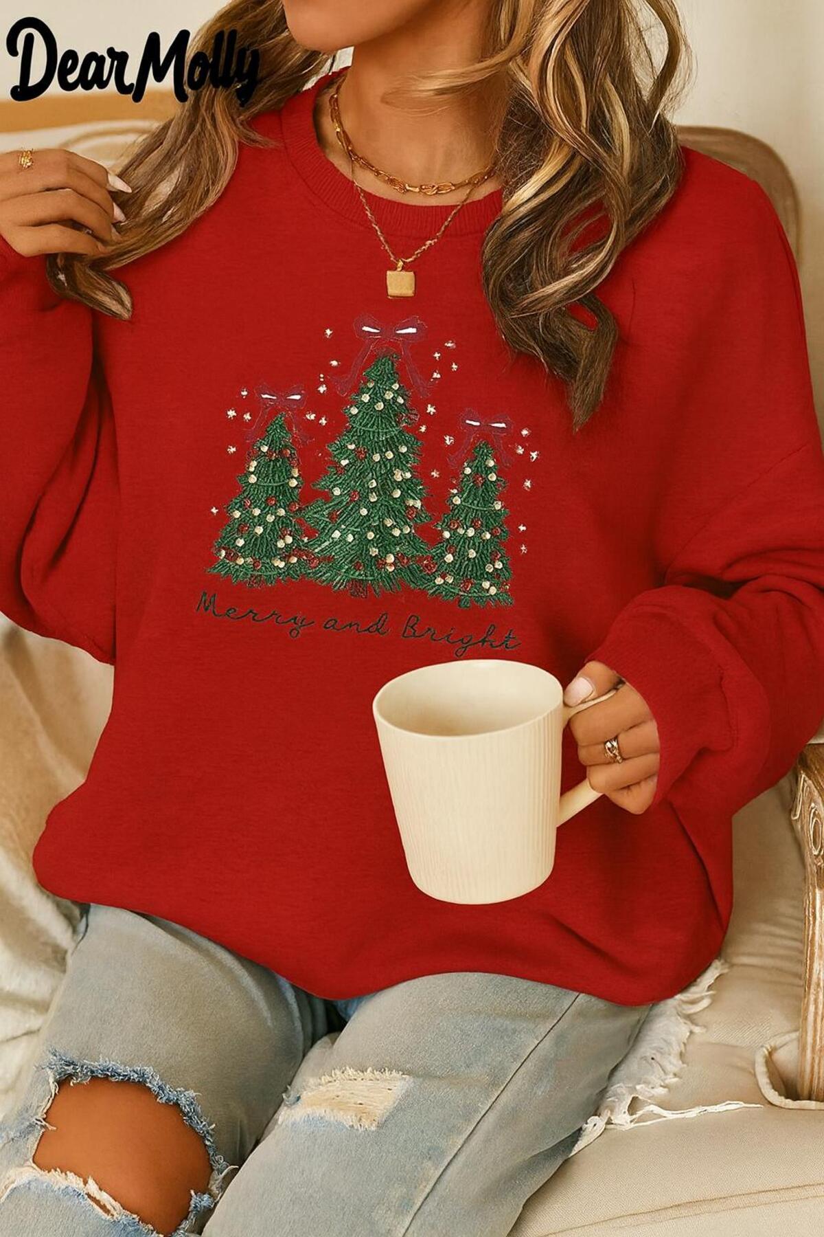 Yılbaşı Çam Ağacı Baskılı Sweatshirt