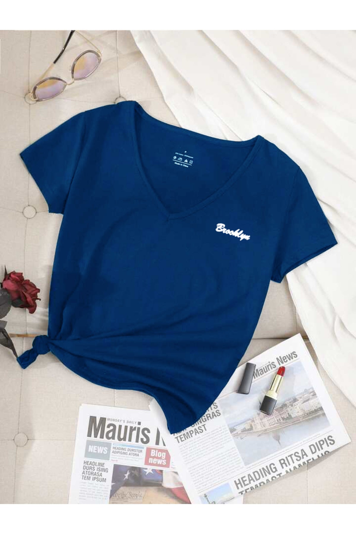 BROOKLYN Baskılı Yazlık V Yaka Tshirt Regular Kalıp