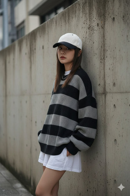 Çizgili TRİKO Örme Oversize Bisiklet Yaka Kazak