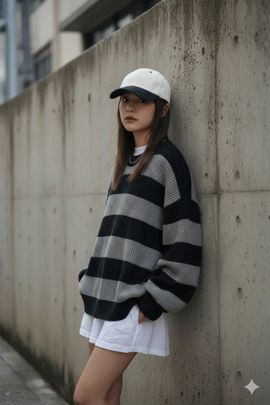 Çizgili TRİKO Örme Oversize Bisiklet Yaka Kazak