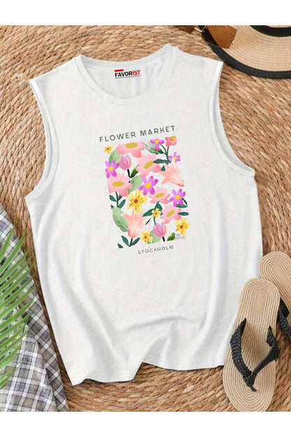 Şehrin Çiçekleri Omuzu Açık Kadın Pamuklu Kolsuz Yazlık T-shirt Atlet