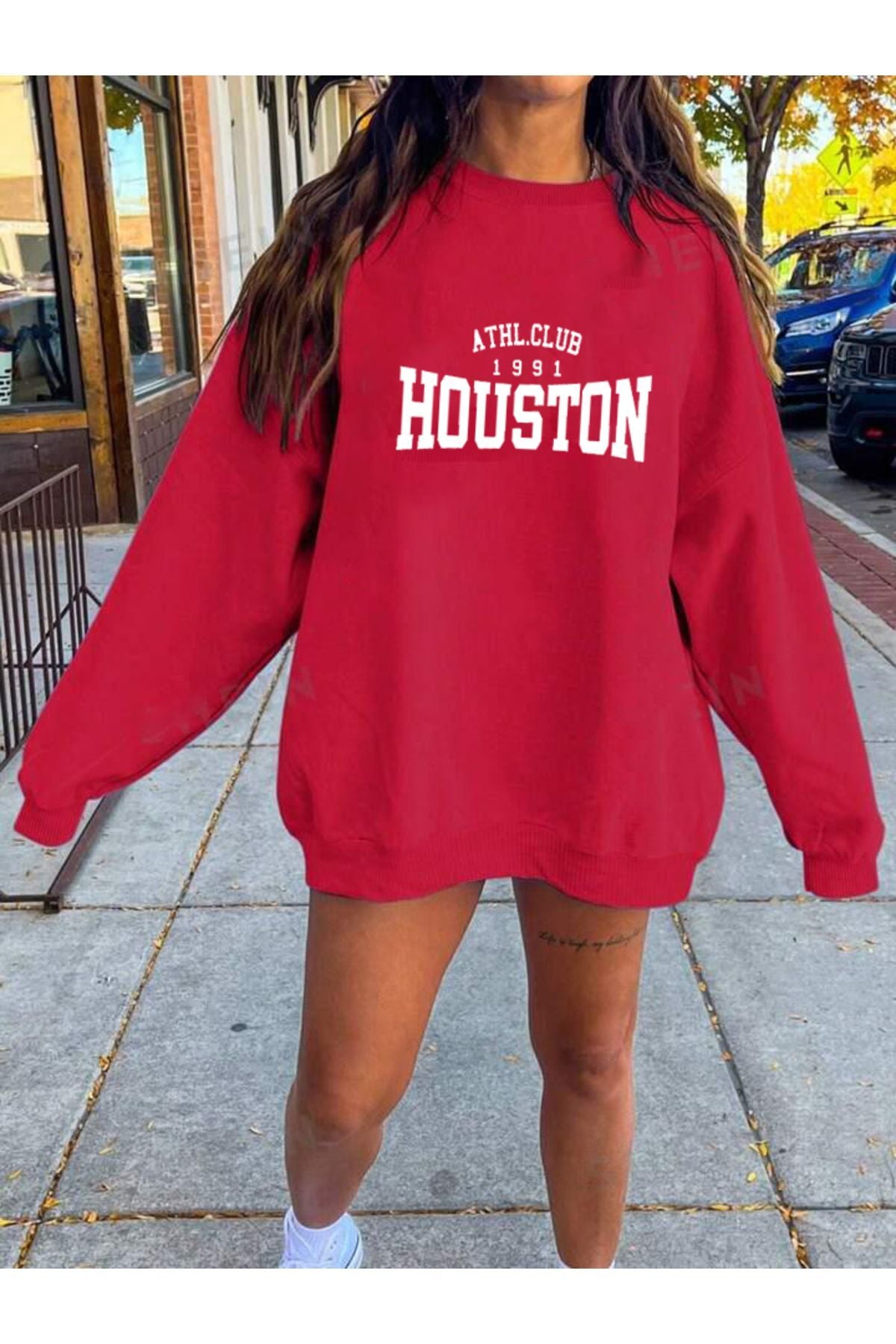 Houston Atl Baskılı Bisiklet Yaka Sweatshirt