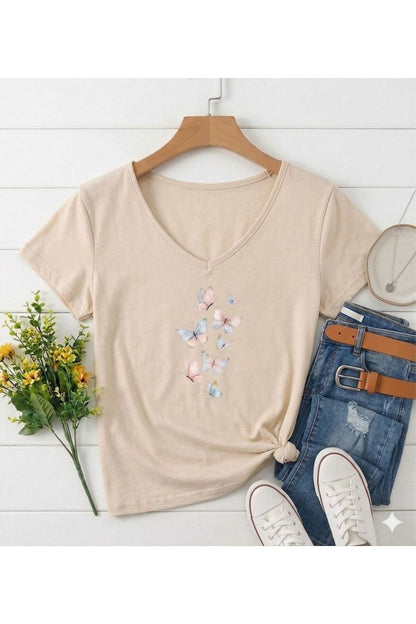 KELEBEKLER Baskılı Kadın V Yaka Regular Kalıp Tshirt (Anneler Gününe Özel Seri)