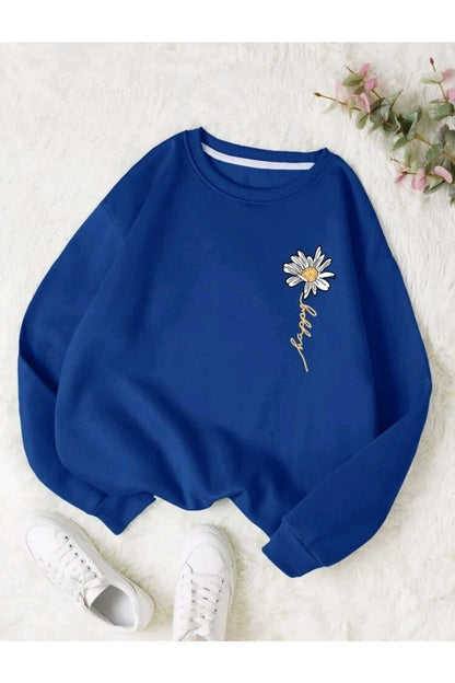 Happy Papatya Baskılı Bisiklet Yaka Unisex Sweatshirt