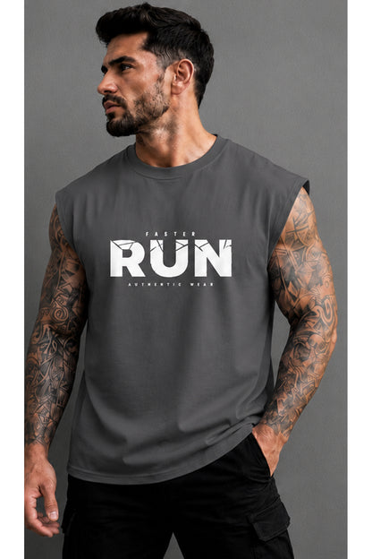 FASTER RUN Baskılı Erkek Sıfır Kol Atlet T-Shirt (%100 PAMUKLU)
