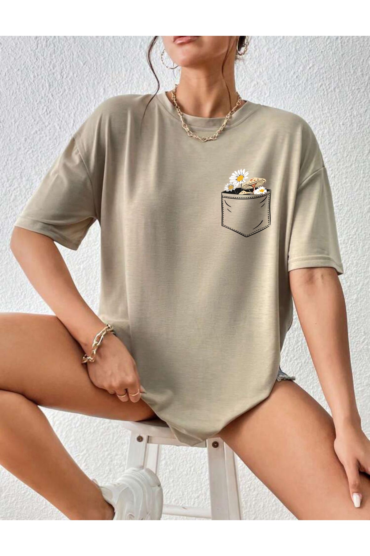 Çiçek Baskılı Unisex Oversize Tshirt