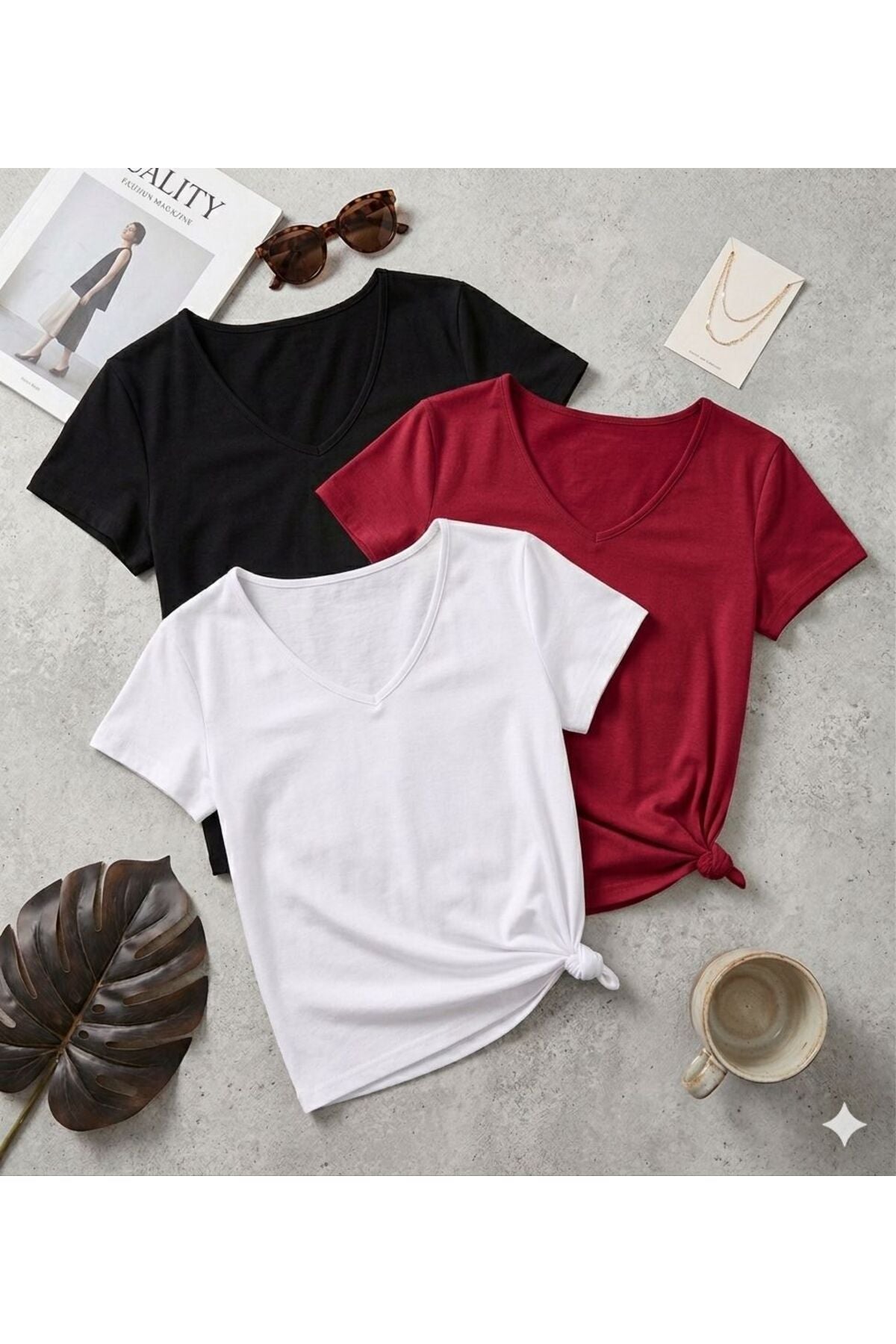 3 Adet Düz Regular Kalıp (V Yaka) Kadın T-Shirt