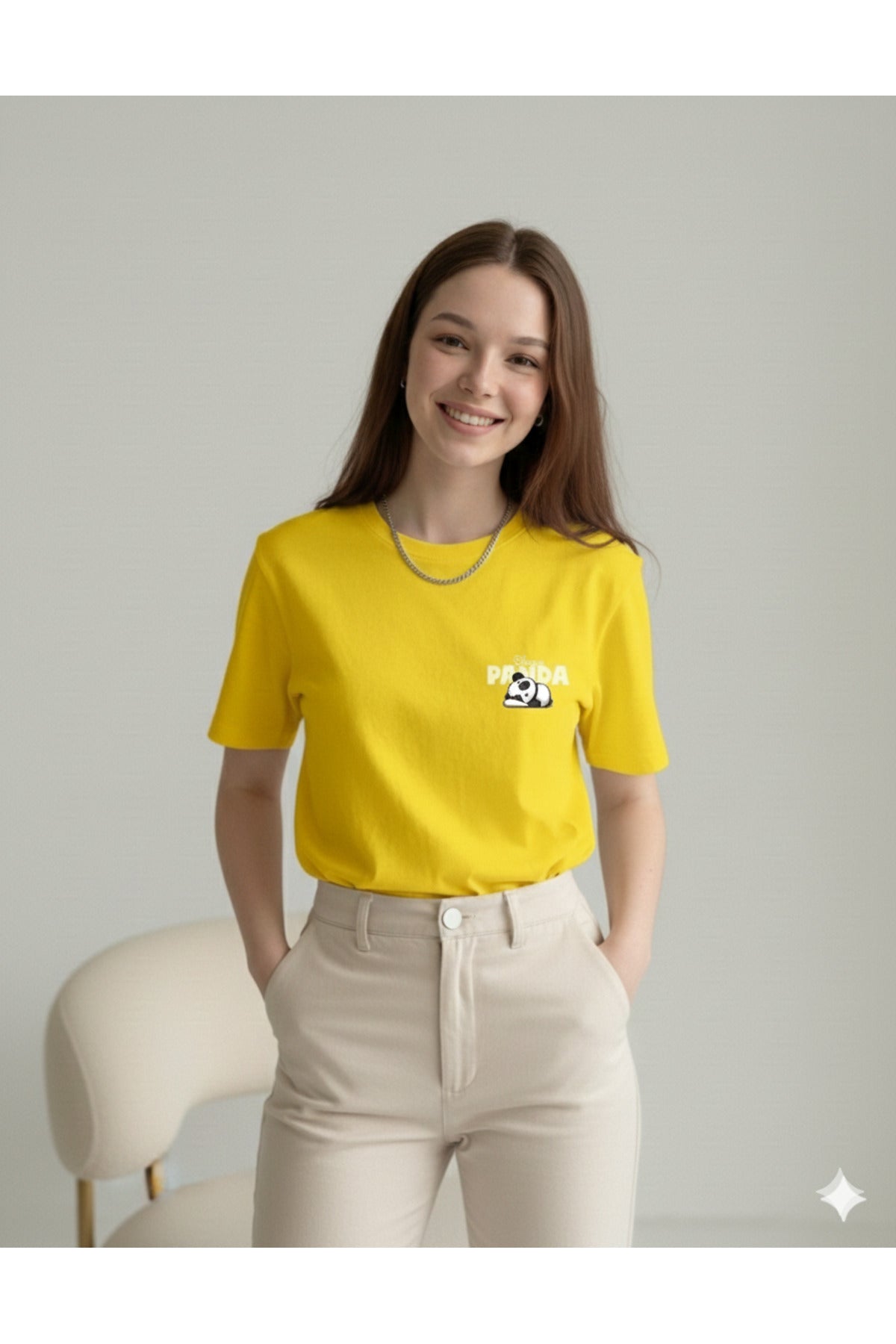 Sleepy Panda Baskılı Regular Kalıp Pamuklu Kadın Tshirt Tişört T-Shirt