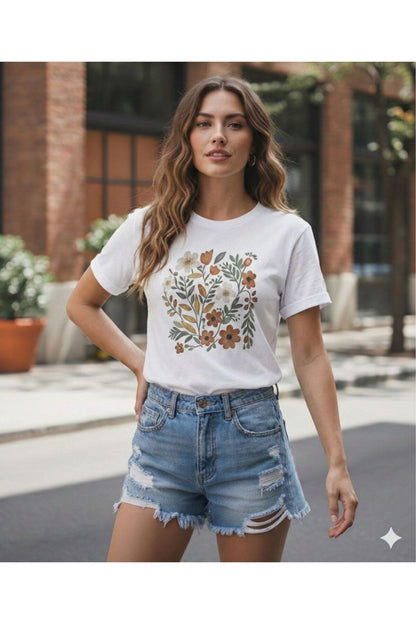 Bahar Dikdörtgen Papatyalar Baskılı Kadın Bisiklet Yaka Tshirt