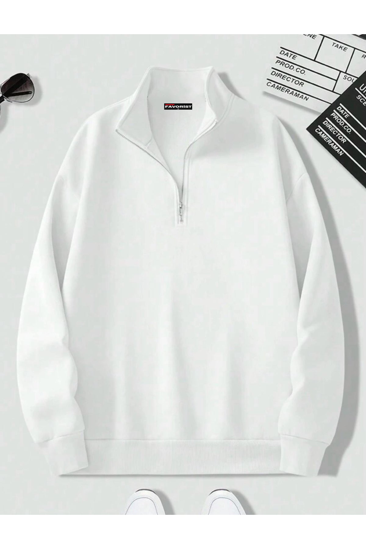 Dik Yaka Yarım Fermuarlı Düz Kazak Sweatshirt