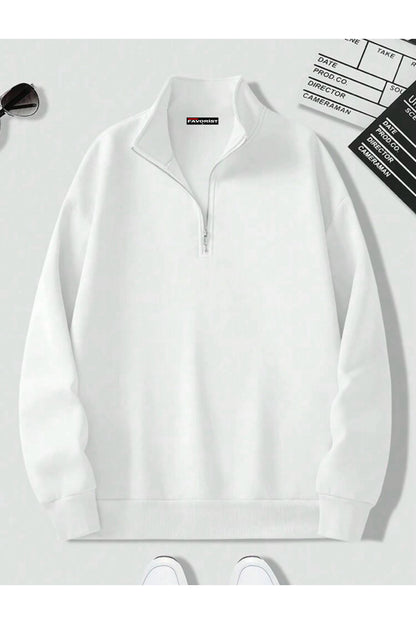 Dik Yaka Yarım Fermuarlı Düz Kazak Sweatshirt
