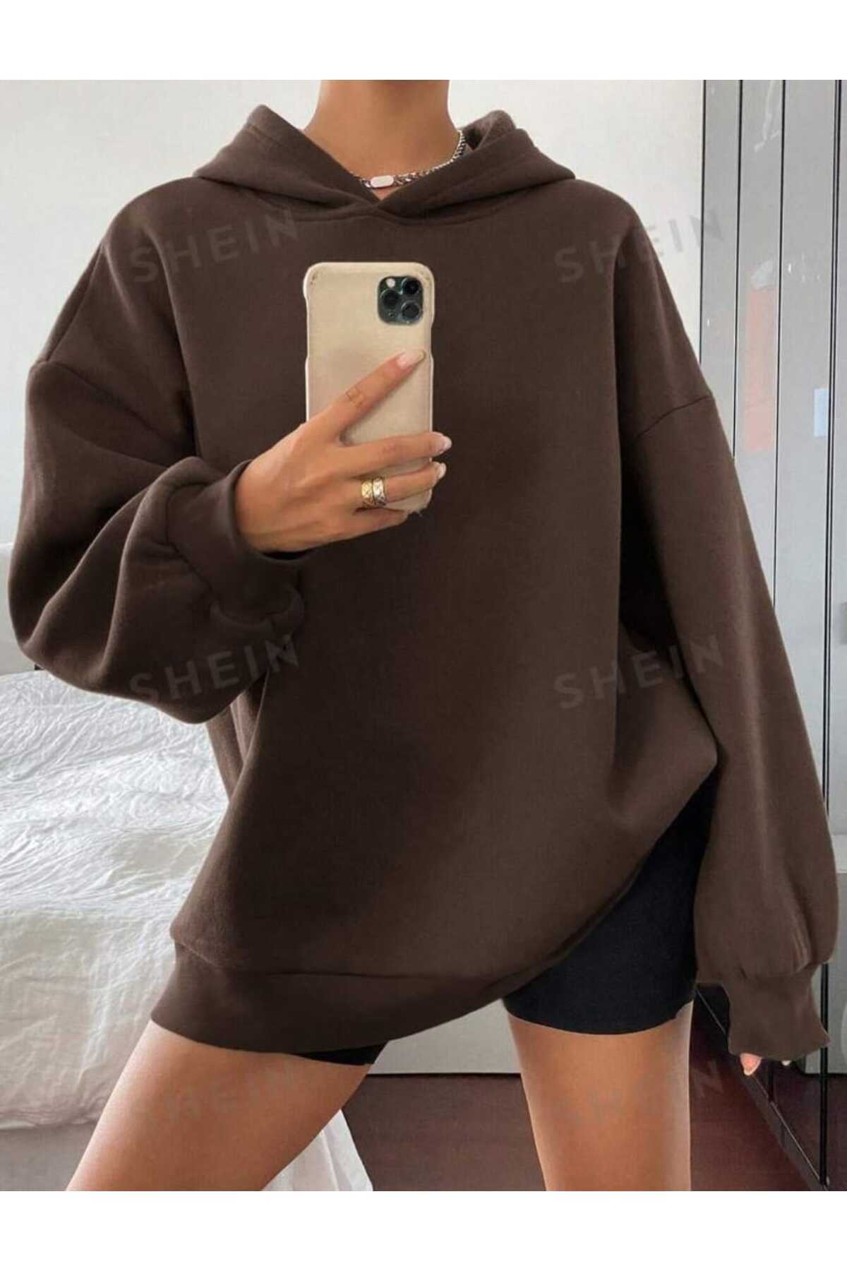 Kapüşonlu Düz Baskısız Giy Çık Oversize Kalıp Sweatshirt