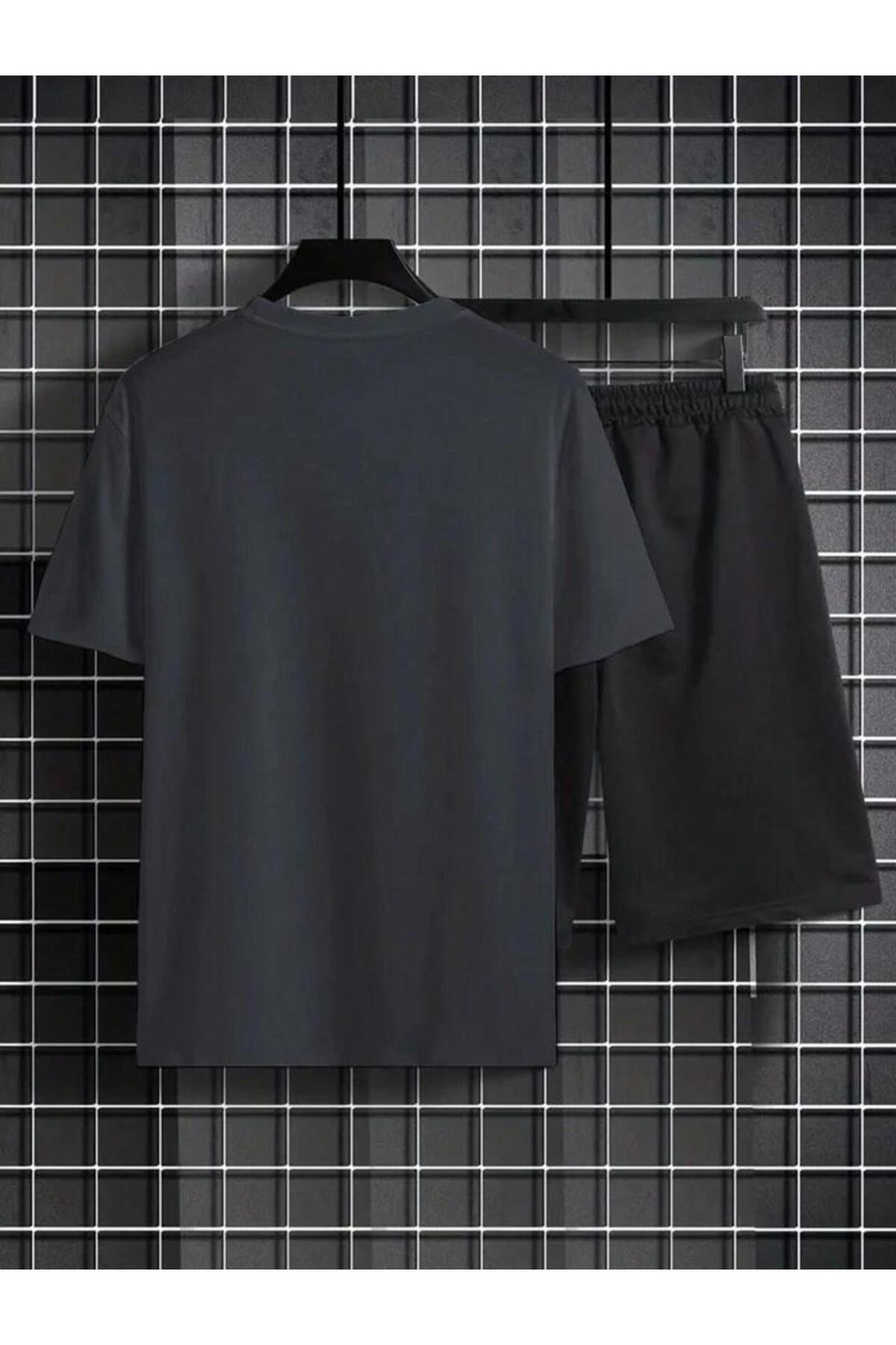 Erkek Siyah CALİFORNİA Baskılı Oversize T-shirt Şort TAKIMI