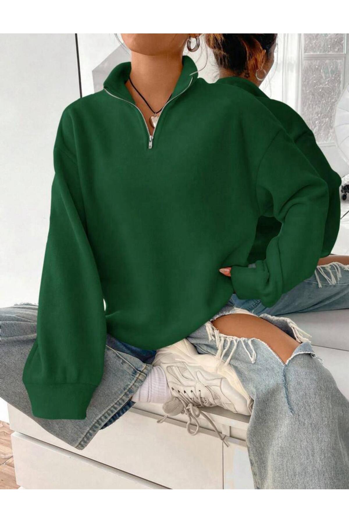 Dik Yaka Yarım Fermuarlı Düz Kazak Sweatshirt