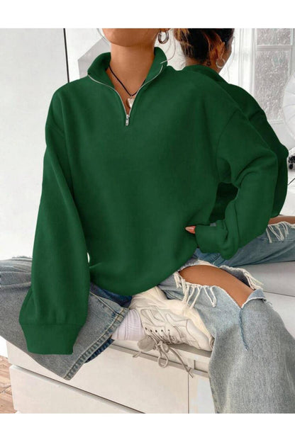 Dik Yaka Yarım Fermuarlı Düz Kazak Sweatshirt