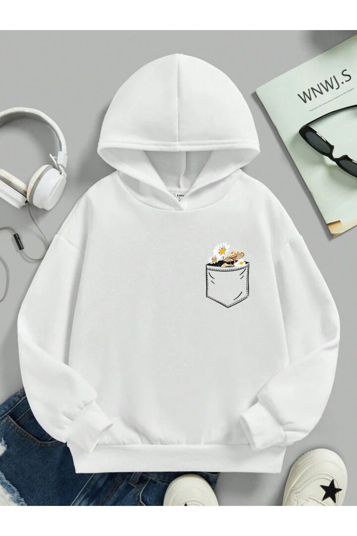Cep Çiçek Baskılı Kapşonlu Sweatshirt Oversize Geniş Kalıp