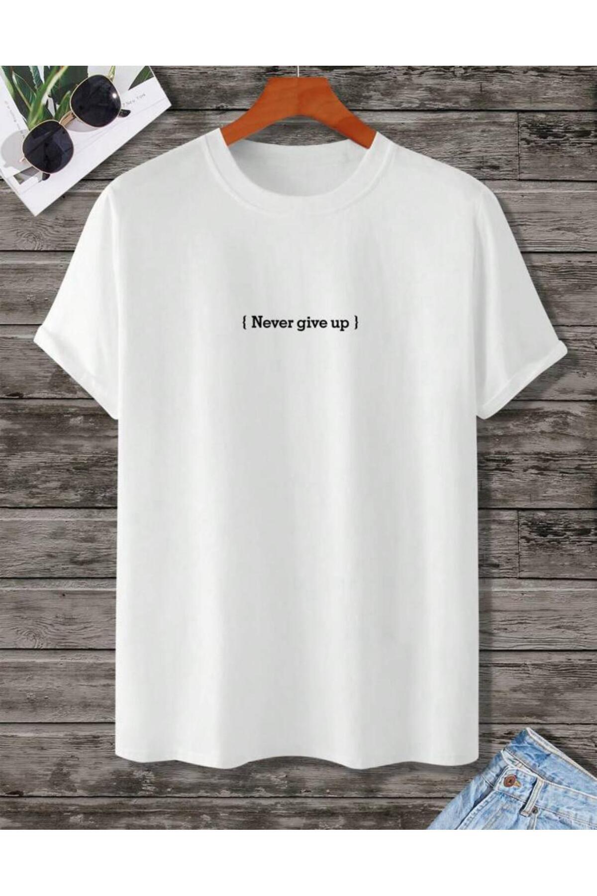 NEVER GİVE UP Baskılı Pamuklu Tshirt