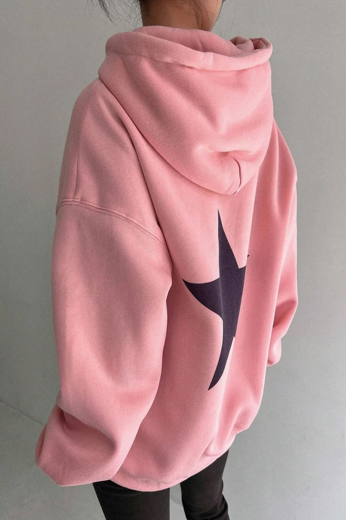 STAR Baskılı Oversize Kapşonlu Sweatshirt