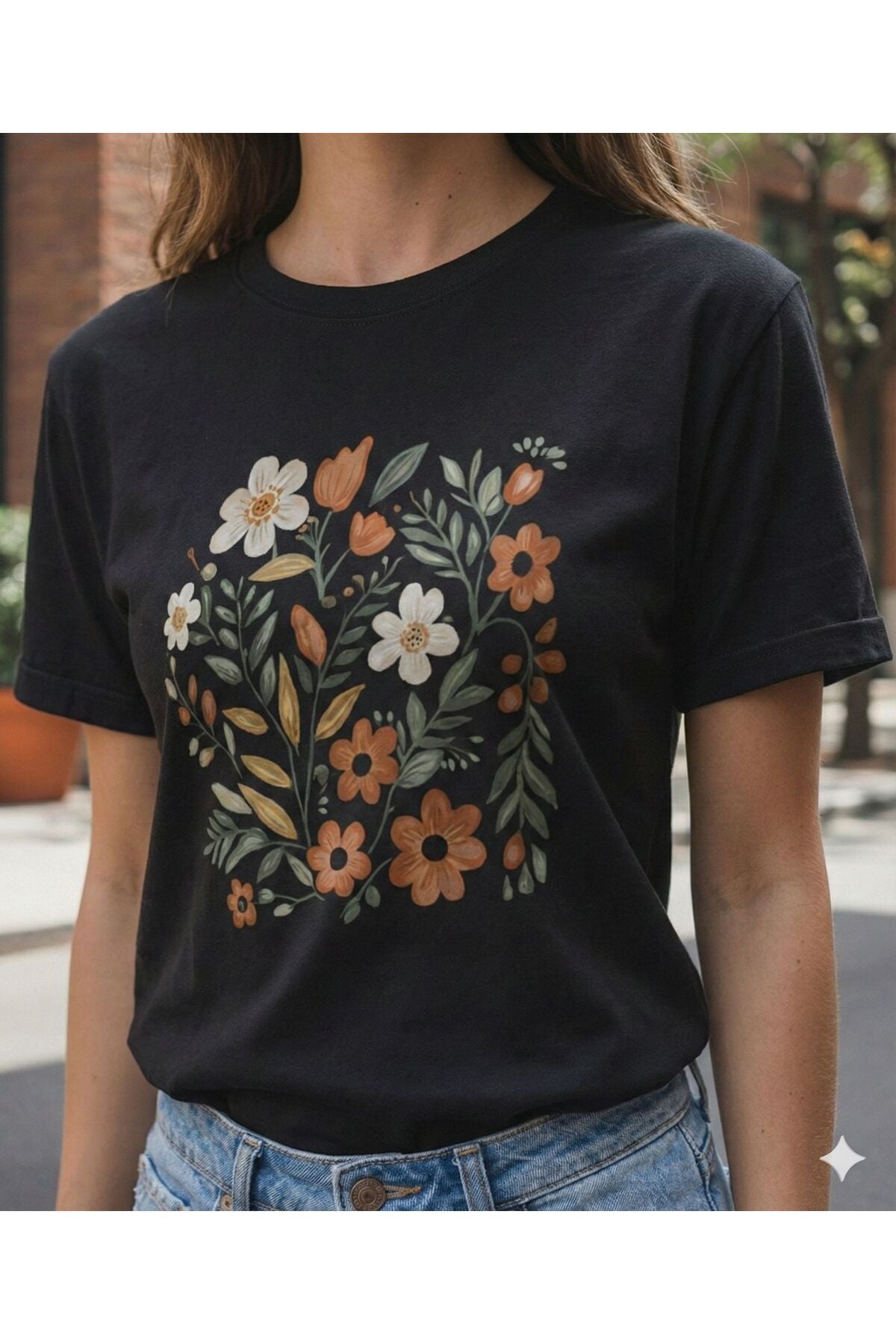 Bahar Dikdörtgen Papatyalar Baskılı Kadın Bisiklet Yaka Tshirt