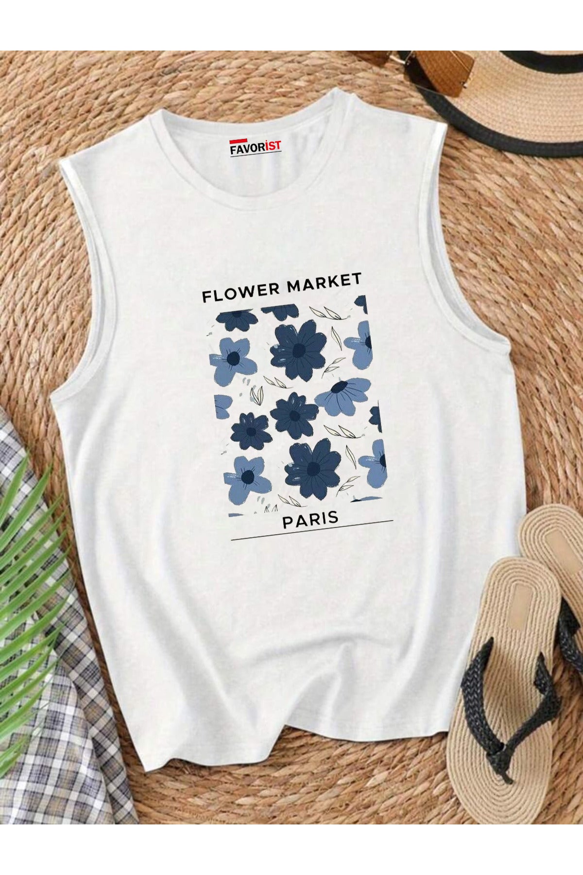 Şehrin Çiçekleri Omuzu Açık Kadın Pamuklu Kolsuz Yazlık T-shirt Atlet