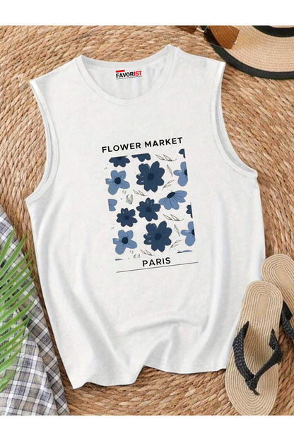 Şehrin Çiçekleri Omuzu Açık Kadın Pamuklu Kolsuz Yazlık T-shirt Atlet