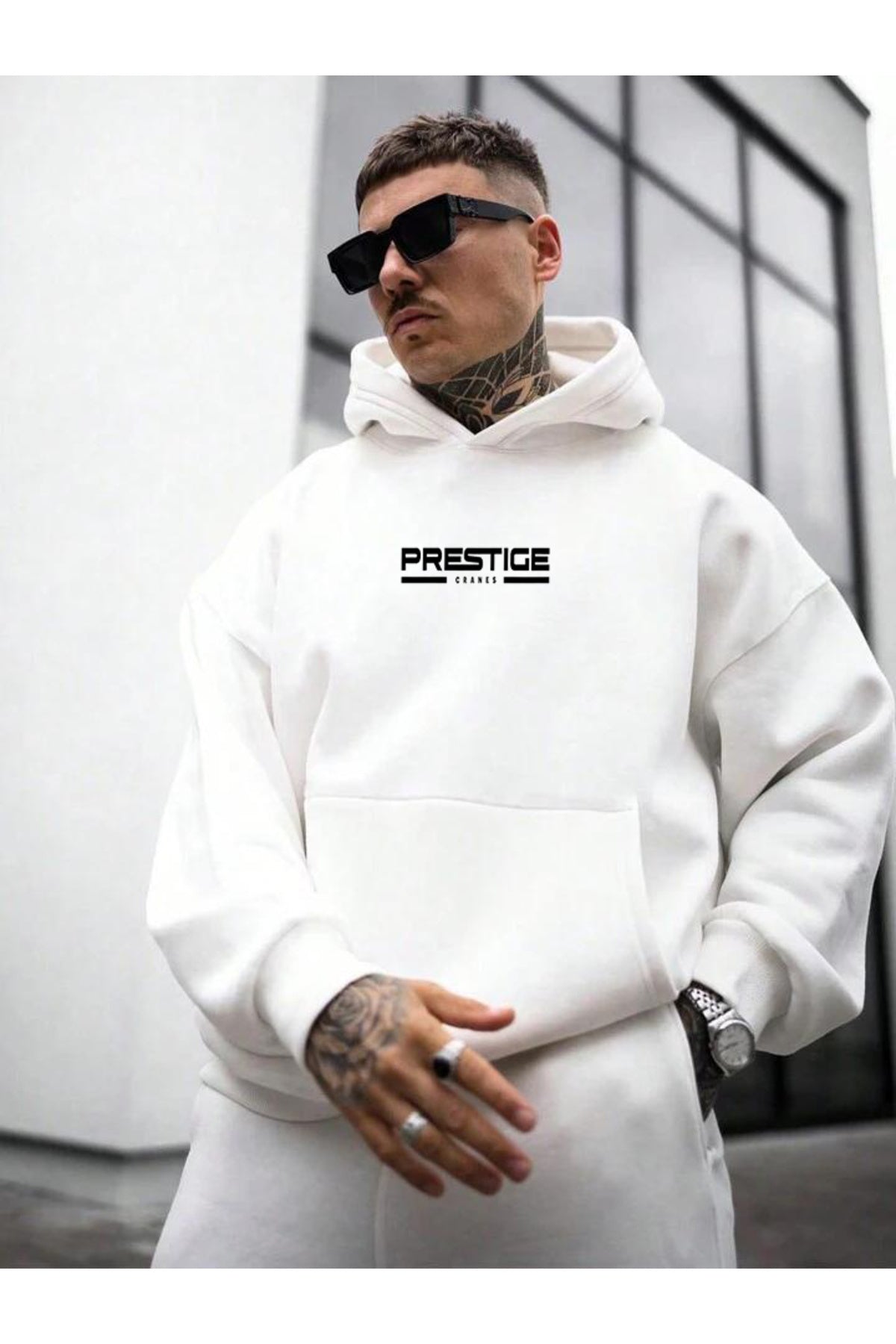 BEYAZ KARMA HOODIE PAMUKLU KAPÜŞONLU SWEATSHIRT