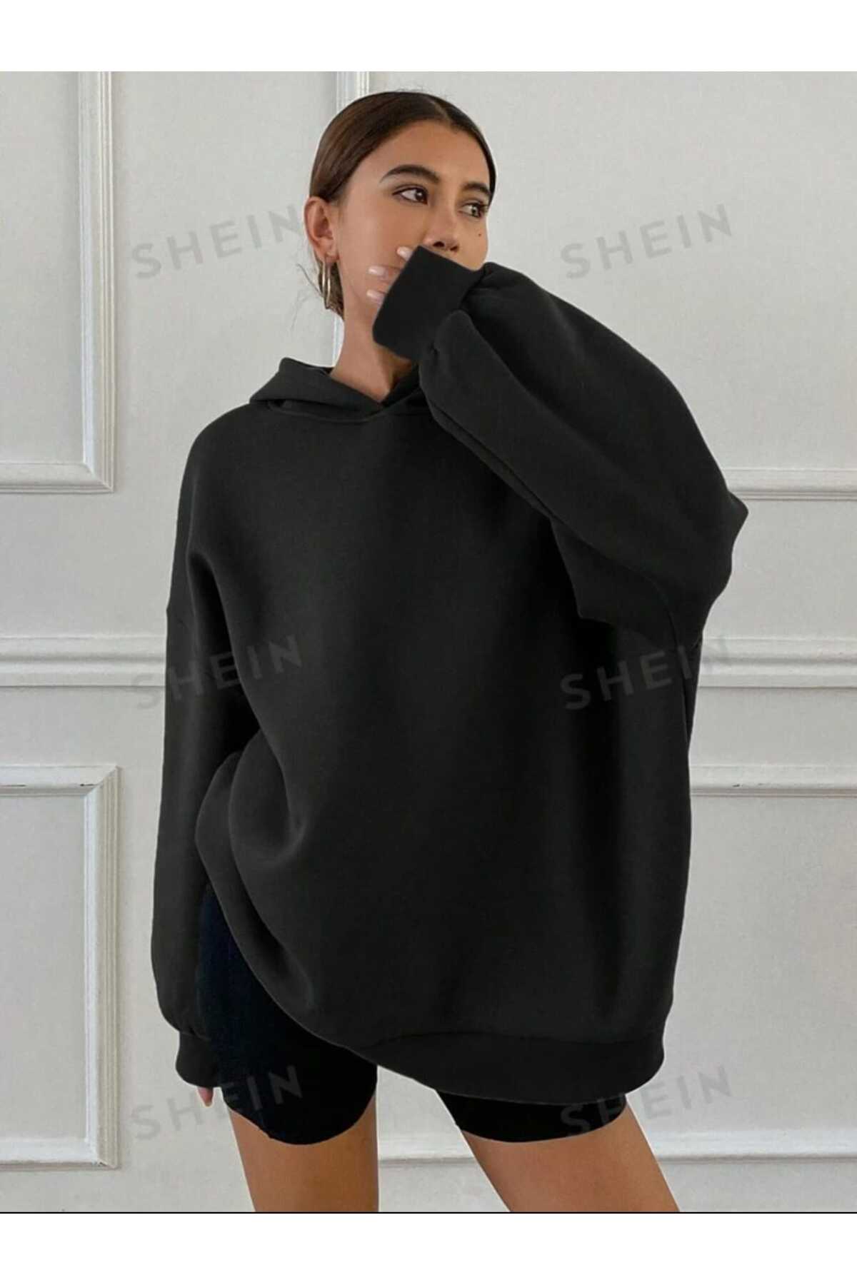 Kapüşonlu Düz Baskısız Giy Çık Oversize Kalıp Sweatshirt