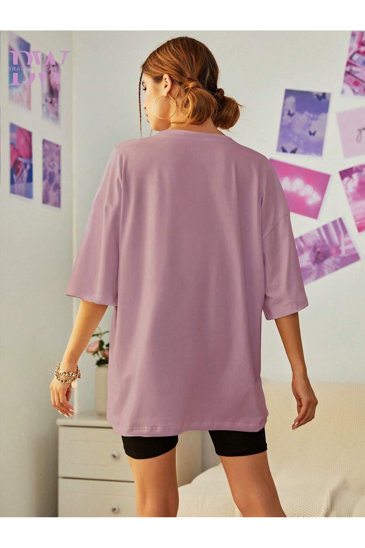 Ayıcık Baskılı Oversize Bisiklet Yaka Pamuklu Tshirt