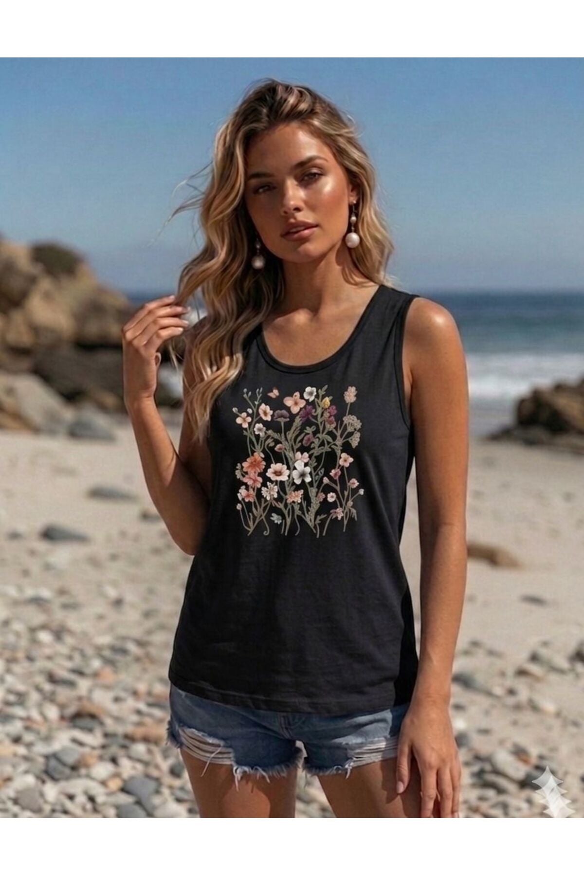 FLOWERS Baskılı (Omuzu Açık) Kadın Slim Fit Askılı Tshirt
