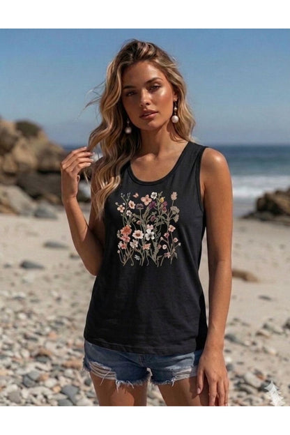 FLOWERS Baskılı (Omuzu Açık) Kadın Slim Fit Askılı Tshirt