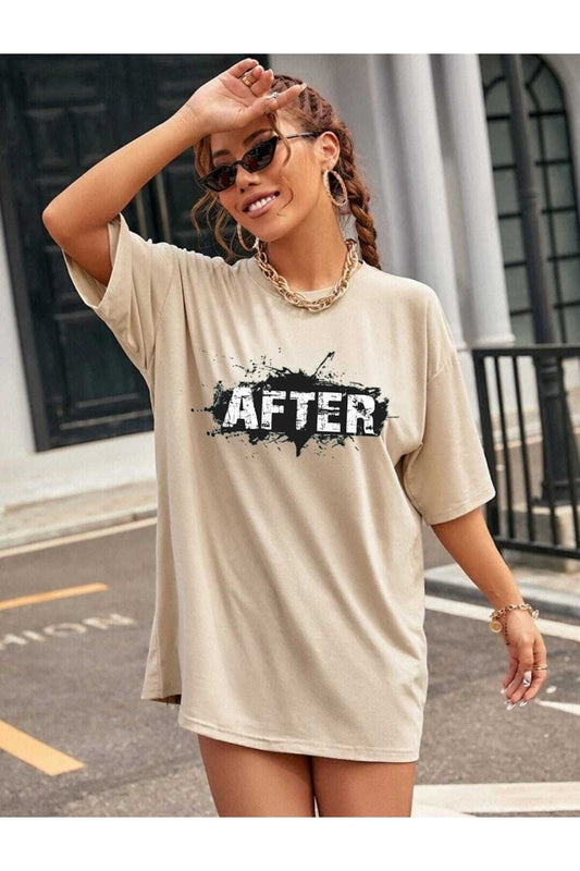 Oversize Kalıp Bej After Baskılı Unisex Tshirt