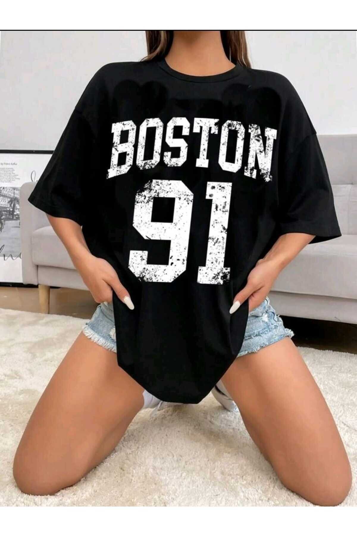 Boston Baskılı Oversize Siyah Pamuk Spor Tshirt