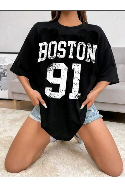 Boston Baskılı Oversize Siyah Pamuk Spor Tshirt