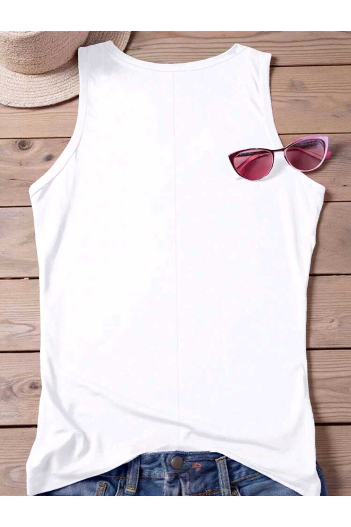 LOS ANGELES WEST COAST Baskılı Omuzu Açık Kadın Pamuklu Kolsuz Yazlık T-shirt Atlet