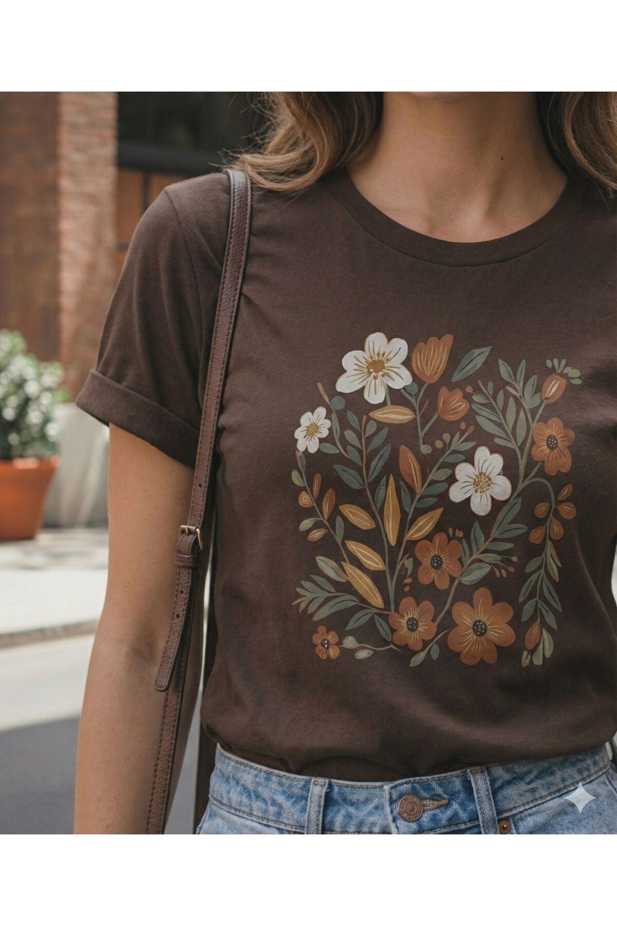 Bahar Dikdörtgen Papatyalar Baskılı Kadın Bisiklet Yaka Tshirt