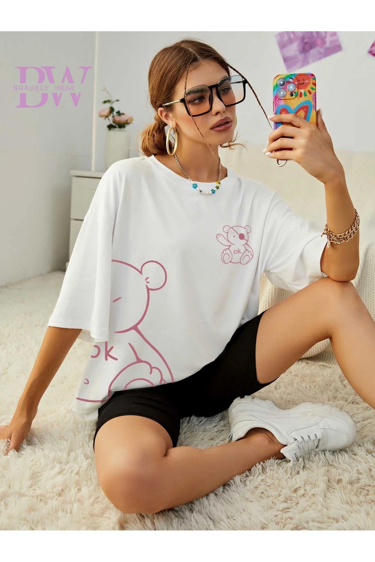 Ayıcık Baskılı Oversize Bisiklet Yaka Pamuklu Tshirt