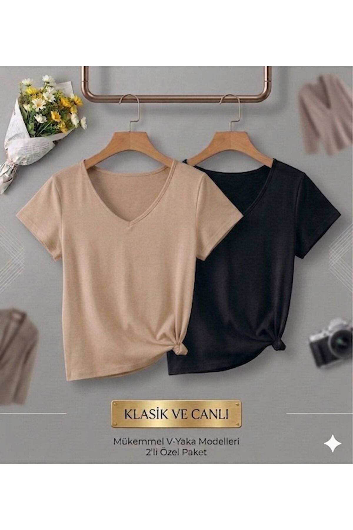 2 Adet Düz Regular Kalıp Kadın (V YAKA) T-Shirt