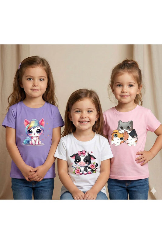 3'lü Paket Unicorn Kedi İnek Baskılı Çocuk Pamuklu Tshirt