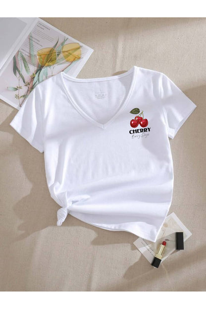 V Yaka (Cherry) Baskılı Yazlık Tshirt Regular Kalıp