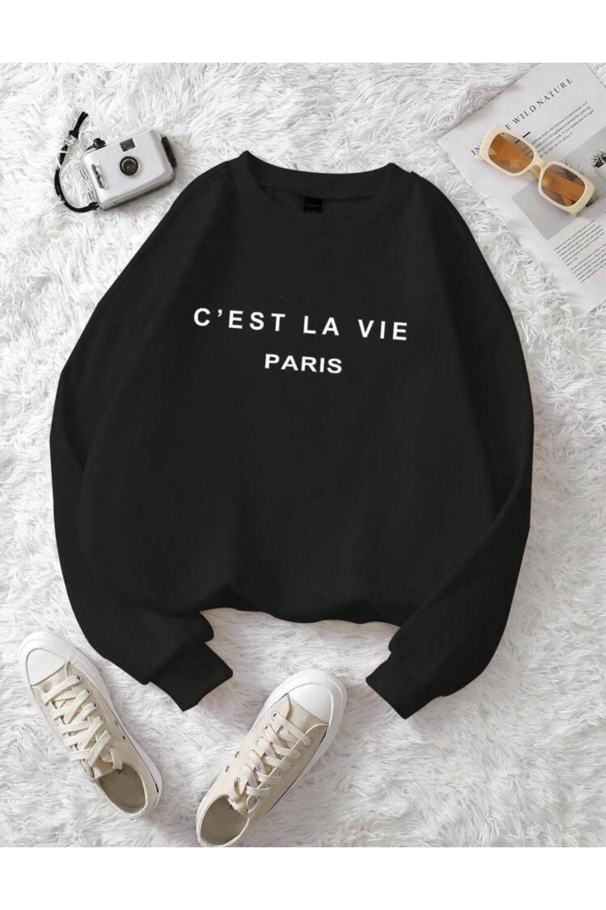 C'EST LA VIE Baskılı Bisiklet Yaka Sweatshirt